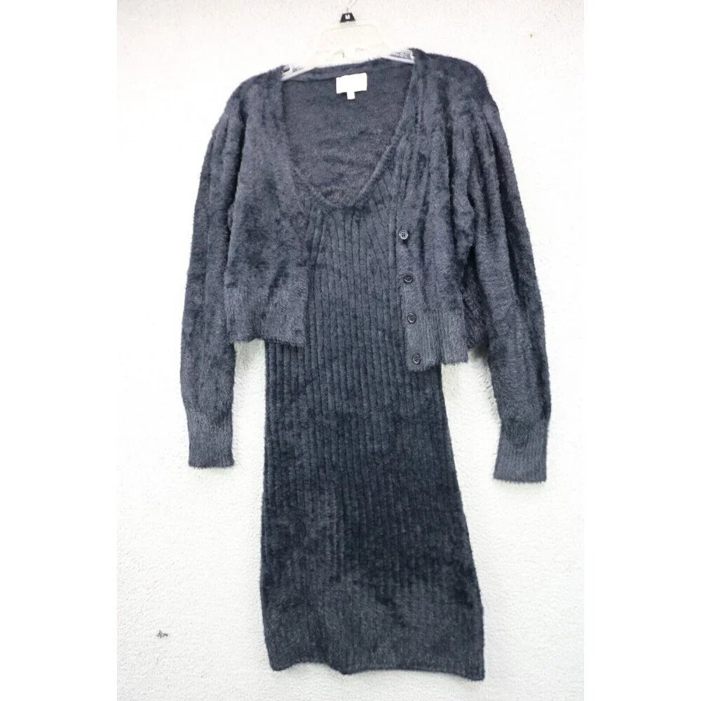 Freshman 1996 Black Fuzzy Slip Dress and Sweater-Bodycon-Ribbed-Size Large-Midi